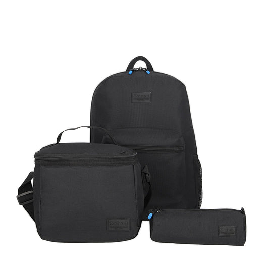 Pack Triple mochila urbana unisex + lonchera + estuche negro