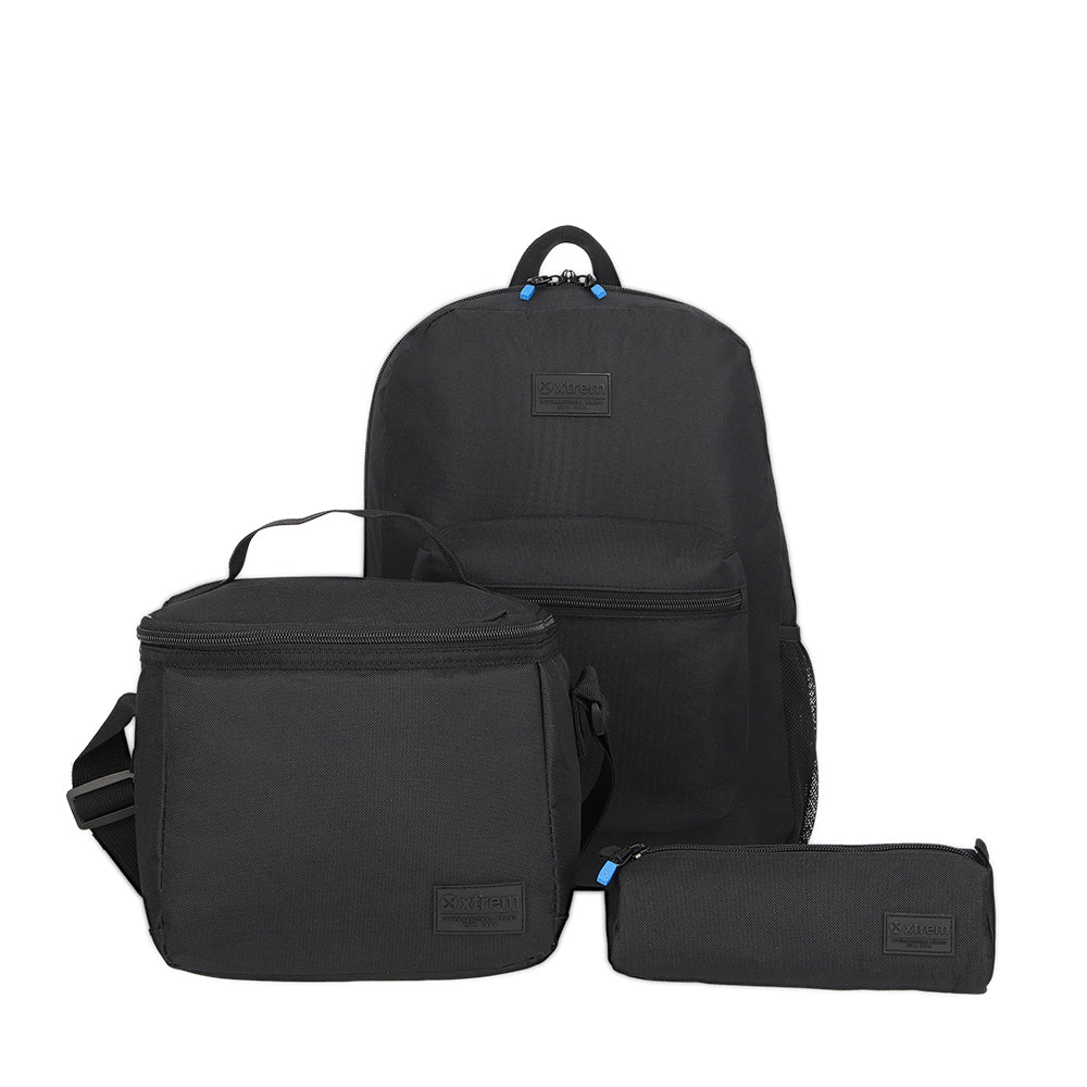 Pack Triple mochila urbana unisex + lonchera + estuche negro