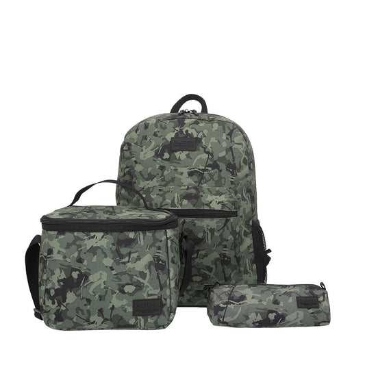 Pack Triple mochila urbana hombre + lonchera + estuche verde/camo